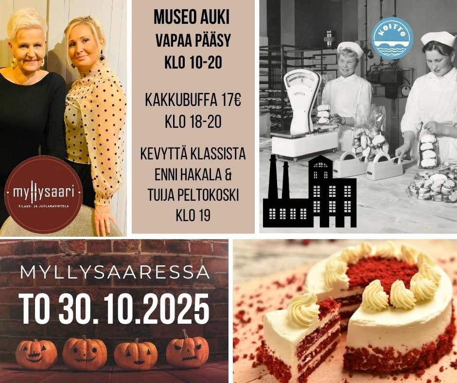 Kaksi naista seisoo sekä toiset kaksi naista ovat pöydän takana. Täytekakku sekä kurpitsoja.