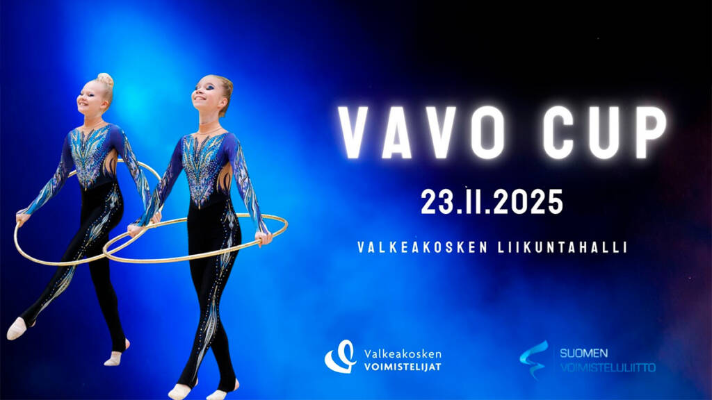 Kaksi voimistelijaa sinistä taustaa vasten ja tekstissä tapahtuman nimi ja päivämäärä.