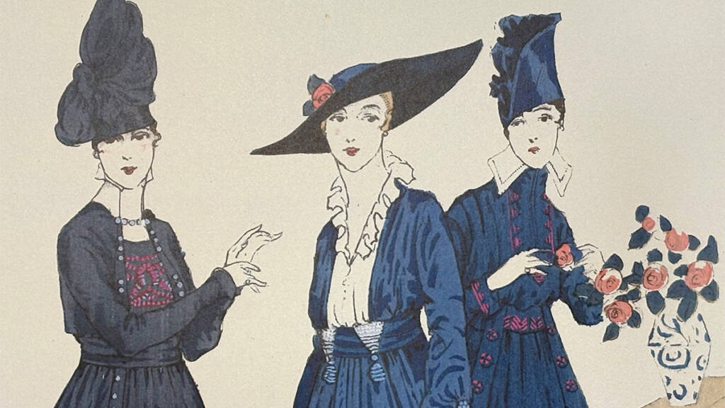 Piirretyssä kuvassa kolme naista entisajan asusteisiin pukeutuneena.