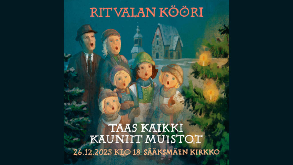 Ritvalan Köörin joulukonsertti -tapahtuman mainoskuva, jossa piirrettyjä ihmisiä, kirkko ja kuusia sekä tapahtumasta tekstiä.