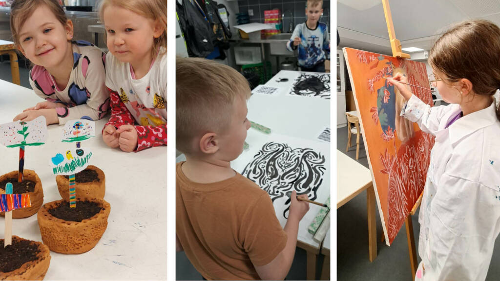 Taidekoulun oppilaat maalaavat tauluja ja hymyilevät keraamiikka-ruukkujen takaa.