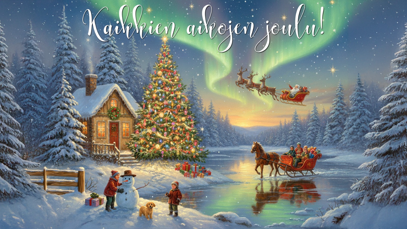 Piirretty joulukorttimainen kuva, jossa ihmisiä, joulukuusi, talo, joulupukki ja hevosreki.