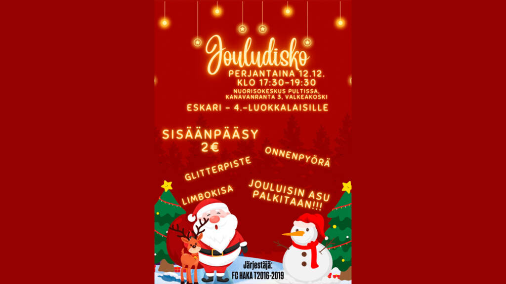 Graafisessa kuvassa joulupukki, lumiukko kuusia ja tekstiä tapahtumasta.