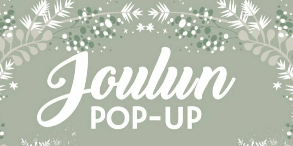 Graafista jouluista taustaa vasten teksti Joulun pop-up.