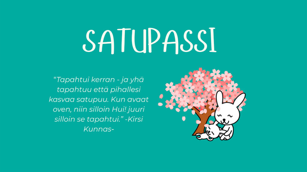 Kirjaston ja varhaiskasvatuksen Satupassi, jossa on kaksi valkoista, piirrettyä pupua istumassa vaaleanpunaisen puun alla.