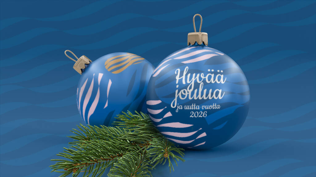 Kaksi sinistä joulupalloa, joissa on valkoinen aalto-grafiikka ja lukee Hyvää joulua ja onnellista uutta vuotta 2026.