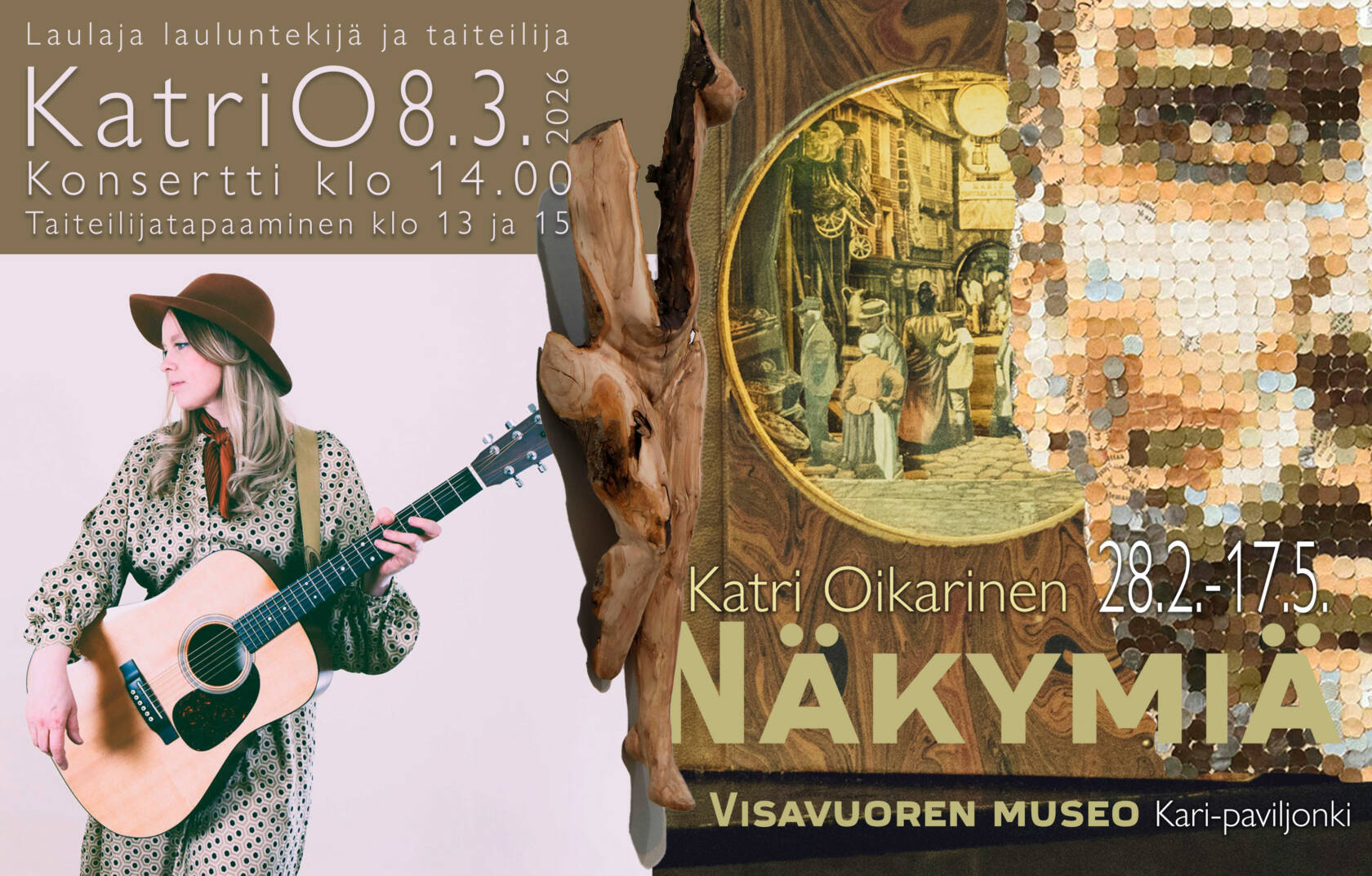 Nainen kitara kädessä. ja Näkymiä -näyttelyn mainos.