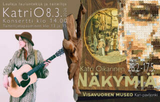 Nainen kitara kädessä. ja Näkymiä -näyttelyn mainos.