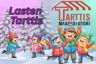Piirretty kuva lapsista ulkona talvella ja teksti Lasten Tarttis, Tarttis Maaseututori.