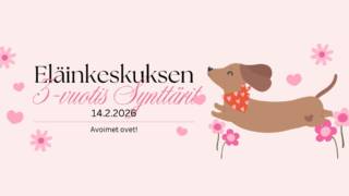 Eläinkeskuksen vaaleanpunainen synttärimainos.