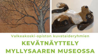 Vasemmalla piirretty puu ja oikealla käsintehty koira selällään.