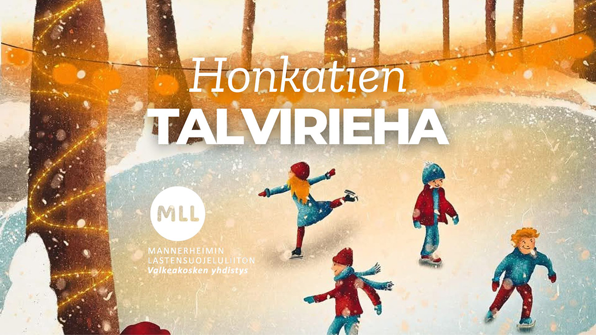 Piirretty kuva luistelijoista ja teksti Honkatien talvirieha.