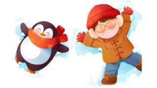 Piirretty kuva pingviini ja poika tekevät lumienkeleitä