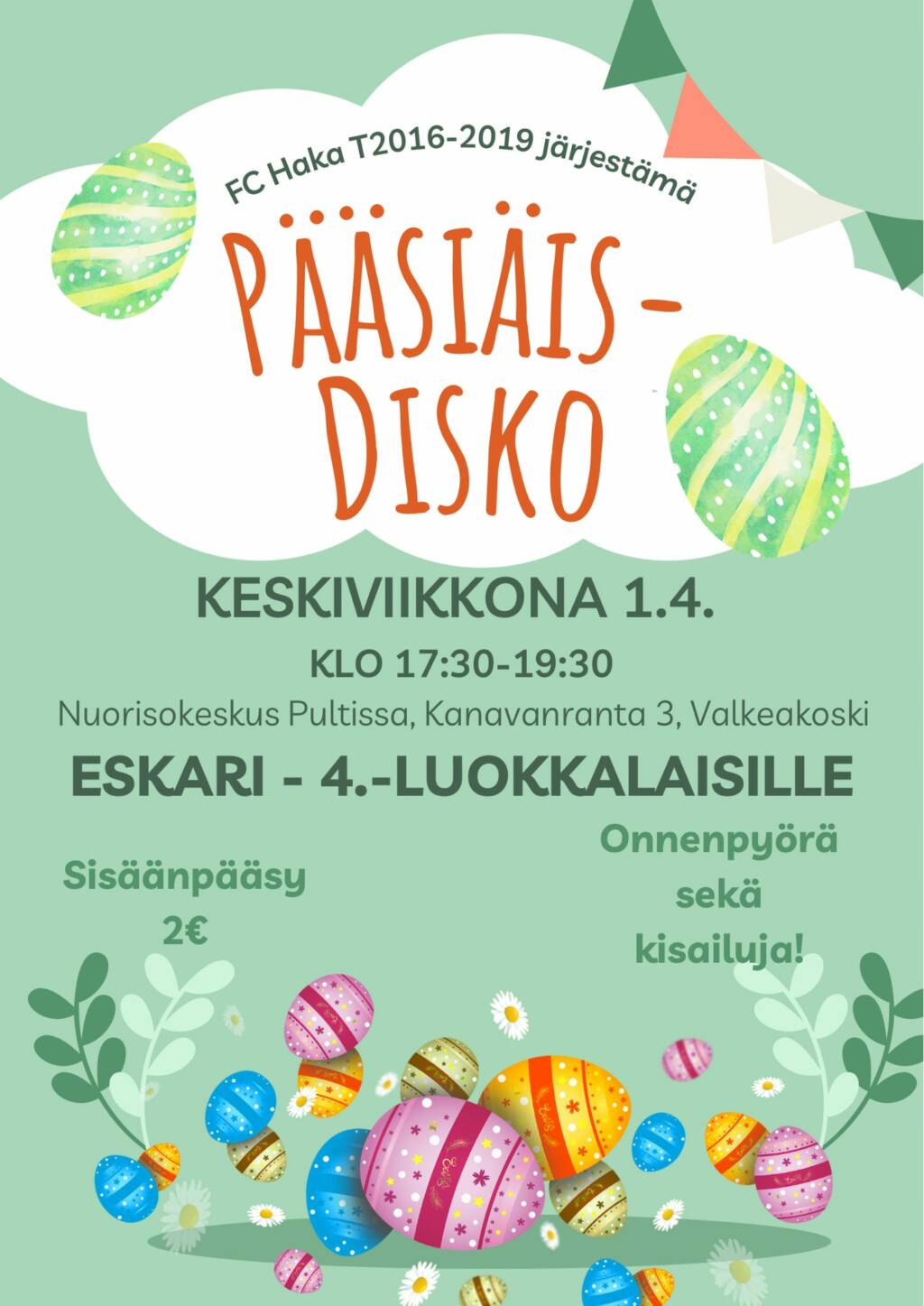 Pääsiäisdiskon mainos koululaisille.