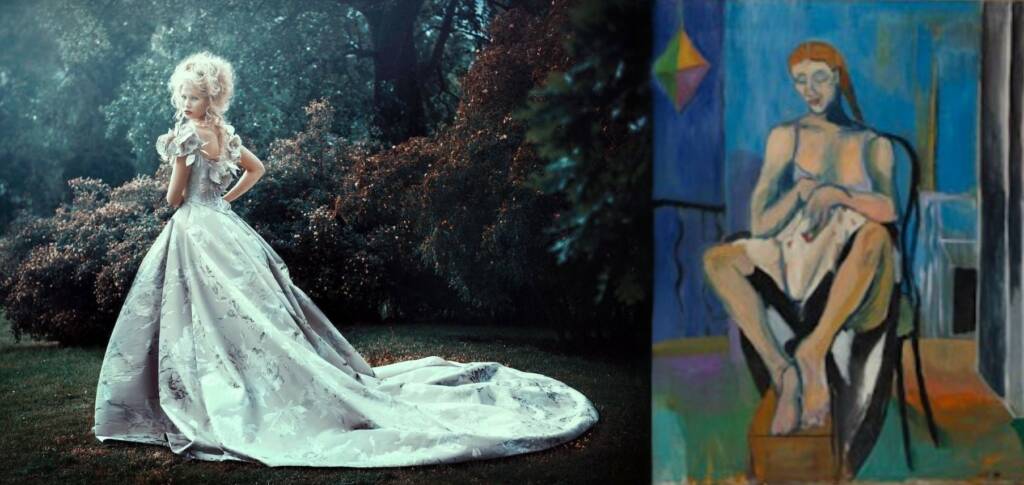 Mallin päällä Jukka Rintalan puku vieressä Leena Luostarisen maalaus.