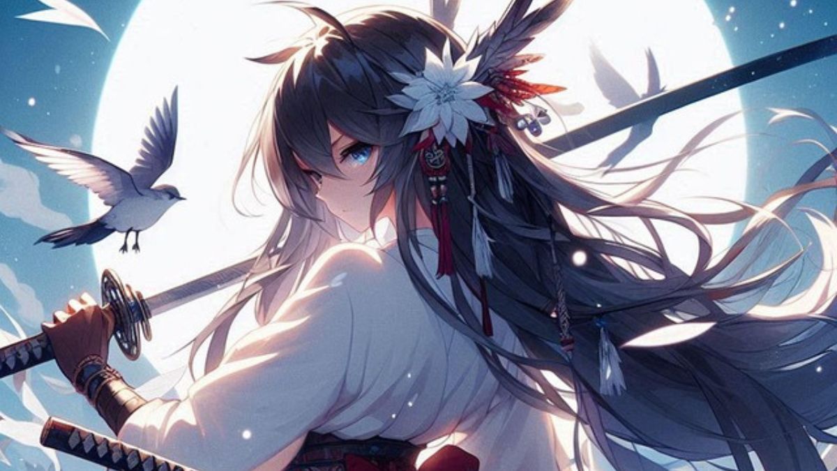 tekoälyn piirtämä mangahahmo, lintu, miekka ja kuu taustalla.