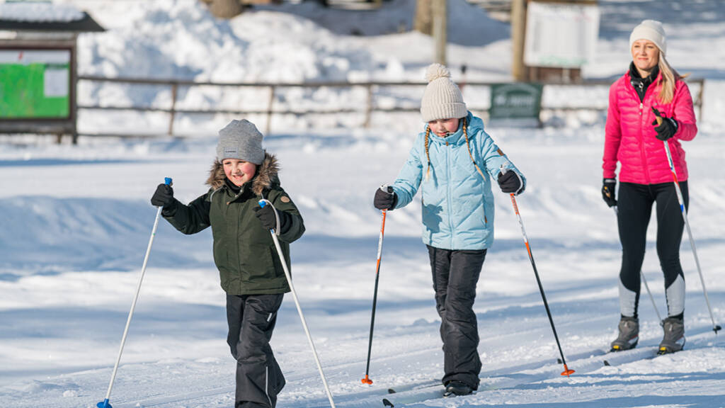 Aikuinen ja kaksi lasta hiihtämässä.