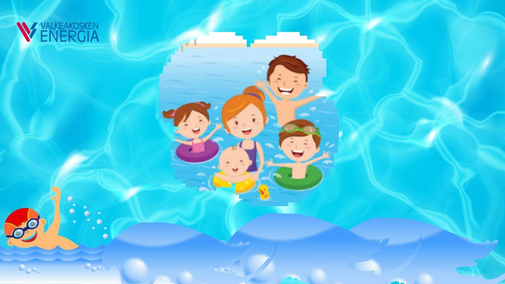 Piirretty kuva lapsia uimassa.