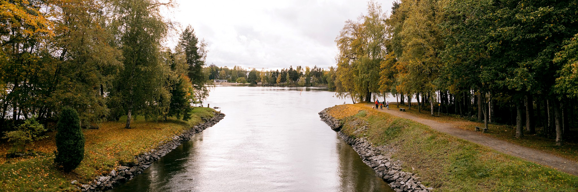 Syksyinen maisema Riippusiltojen lenkiltä, jossa avautuu näkymä järvelle päin.