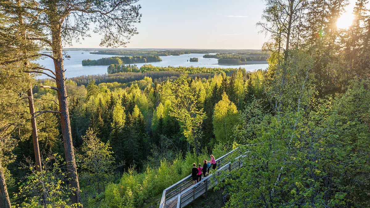 People admiring the landscape at the Rapola Ridge observation deck in an aerial view.