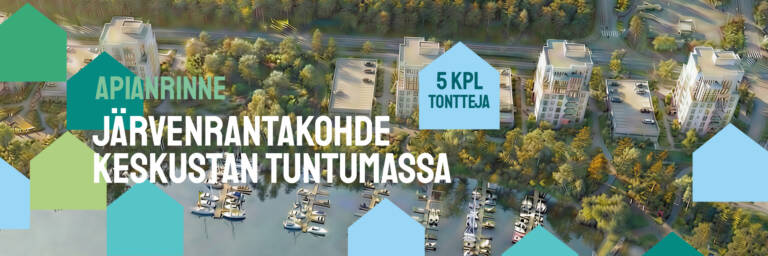 Havainnekuva Apianrinteen asuinalueesta, jossa on kerrostaloja veden äärellä ja veneitä venelaiturissa.