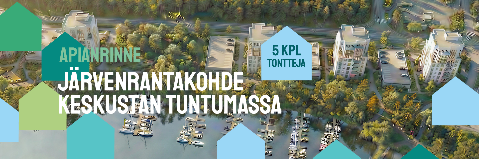 Havainnekuva Apianrinteen asuinalueesta, jossa on kerrostaloja veden äärellä ja veneitä venelaiturissa.