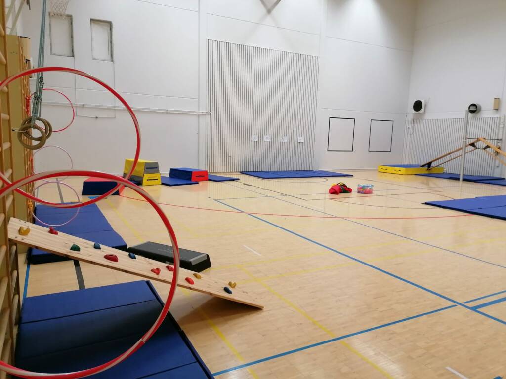 Liikuntasali, missä on erilaisia laitteita.