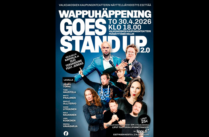 Wappuhäppening-tapahtuman mainoskuva, missä tekstiä ja kuvia esiintyjistä.