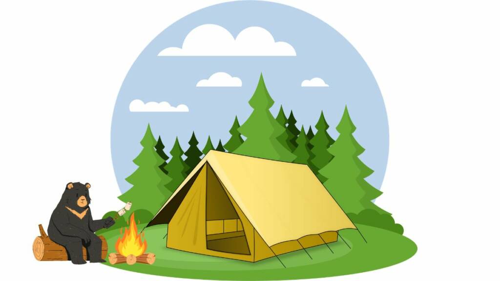 piirretty kuva teltasta ja nuotiosta ja karhusta, joka grillaa vaahtokarkkeja.