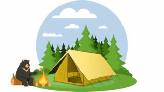 piirretty kuva teltasta ja nuotiosta ja karhusta, joka grillaa vaahtokarkkeja.