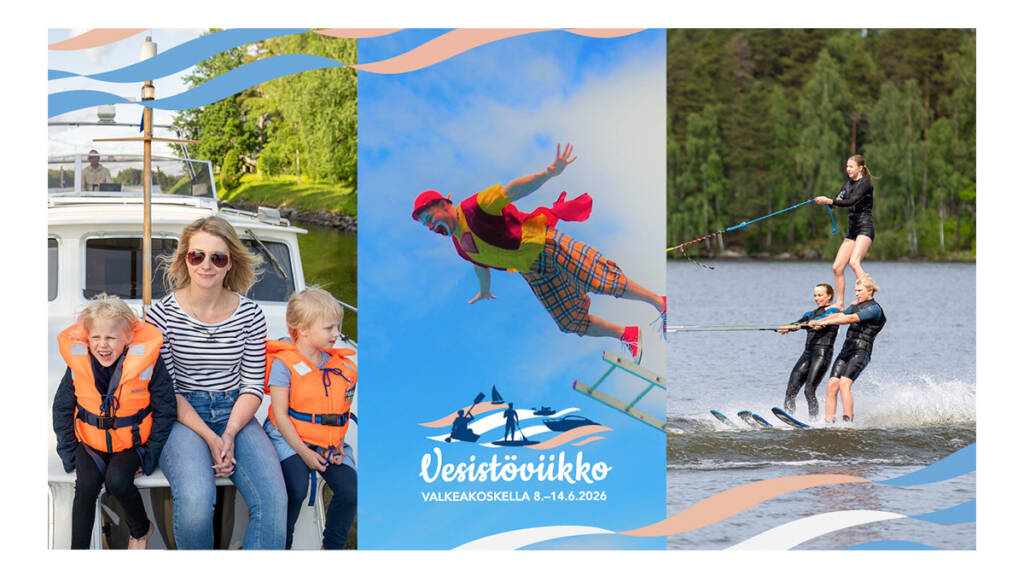 Vesistöviikon 2026 pääkuva, missä veneiliöitä, pellehyppääjä, vesihiihtäjä sekä Vesistöviikon logo.