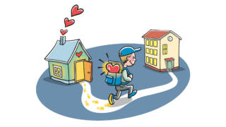 Piirroskuva, jossa henkilö juoksee reppu selässä talosta koulurakennukseen.