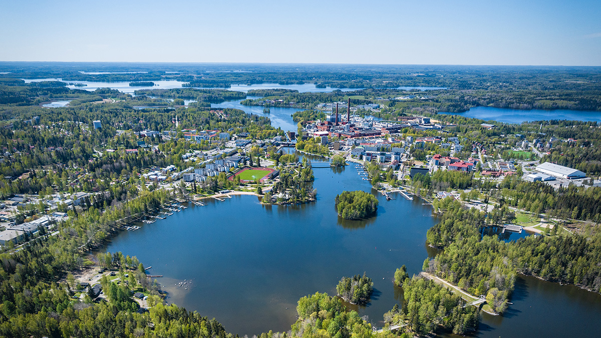 Aerial view of a lake with numerous islands.