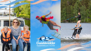 Vesistöviikon kuvassa pellehyppääjä, ihmisiä veneessä ja vesihiihtäjiä sekä Vesistöviikon logo