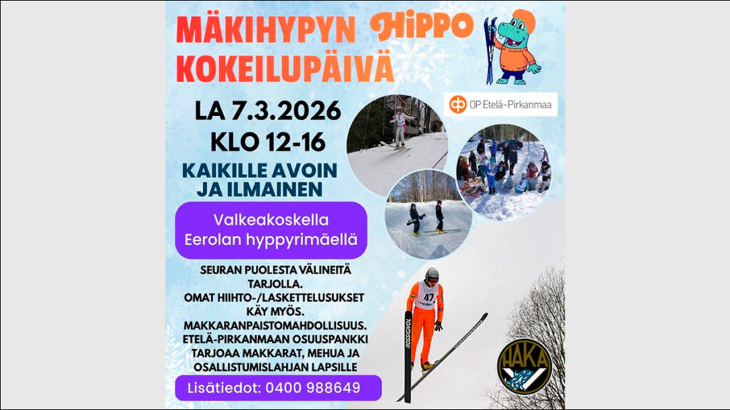 Mäkinhypyn Hippo kokeilupäivän tapahtumakuvassa tekstiä tapahtumasta ja mäkihyppääjiä rinteessä.