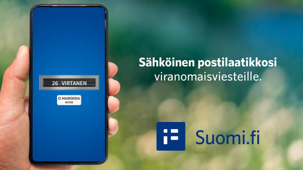 Käsi pitelee puhelinta ja vieressä lukee sähköinen postilaatikkosi viranomaisviesteille sekä suomi.fi-palvelun logo.