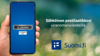 Käsi pitelee puhelinta ja vieressä lukee sähköinen postilaatikkosi viranomaisviesteille sekä suomi.fi-palvelun logo.