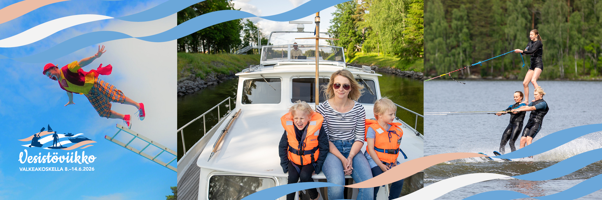 Vesistöviikon kuvassa pellehyppääjä, ihmisiä veneessä ja vesihiihtäjiä sekä Vesistöviikon logo.