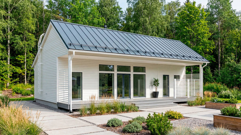 Vaalea omakotitalo, jonka takana on metsää.