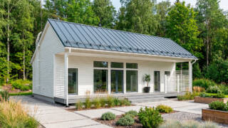 Vaalea omakotitalo, jonka takana on metsää.