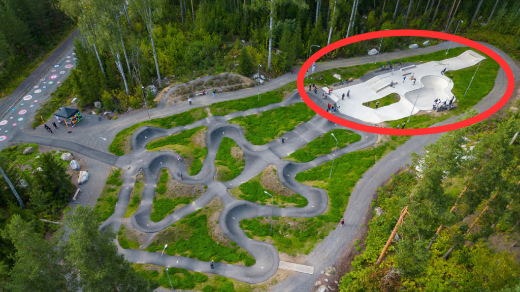 ilmakuva, jossa pumptrack ja skeittiparkki