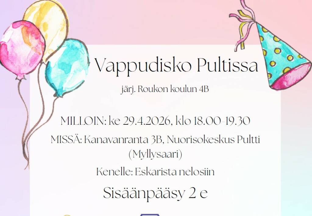 Vappudisko Pultissa -mainos.
