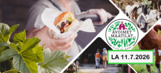 Erilaisia pikkukuvia maatilalta ja teksti: Avoimet maatilat la 11.7.2026.