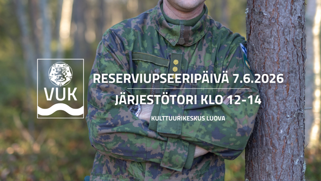 Sotilas nojaa puuhun ja edessä on teksti Reserviupseeripäivä 7.6.2026, järjestötori klo 12-14, kulttuurikeskus Luova.