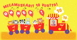 Piirretyssä kuvassa veturi vetää vaunuja, joissa mukana erilaisia eläinhahmoja.