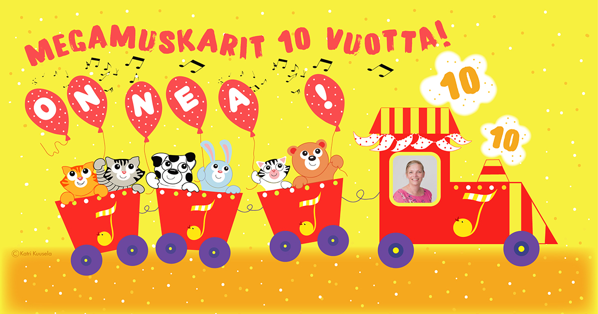 Piirretyssä kuvassa veturi vetää vaunuja, joissa mukana erilaisia eläinhahmoja.