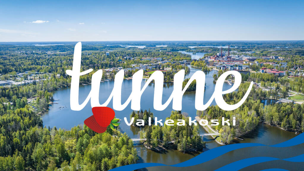Tunne Valkeakoski -teksti ja logo sekä sekä ilmakuva Valkeakoskelta.