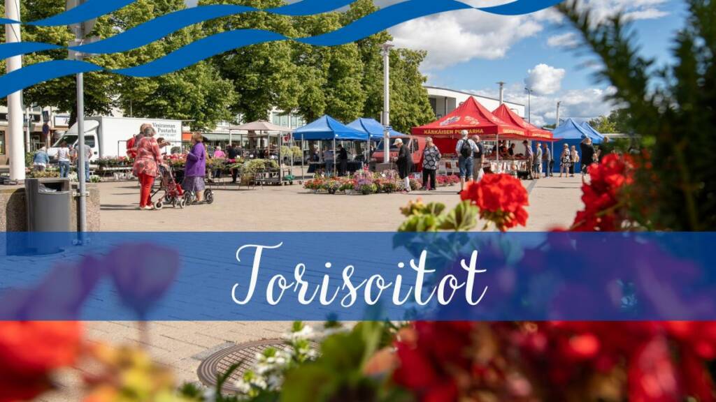 Ihmisiä aurinkoisella torilla ja teksti: Torisoitot.