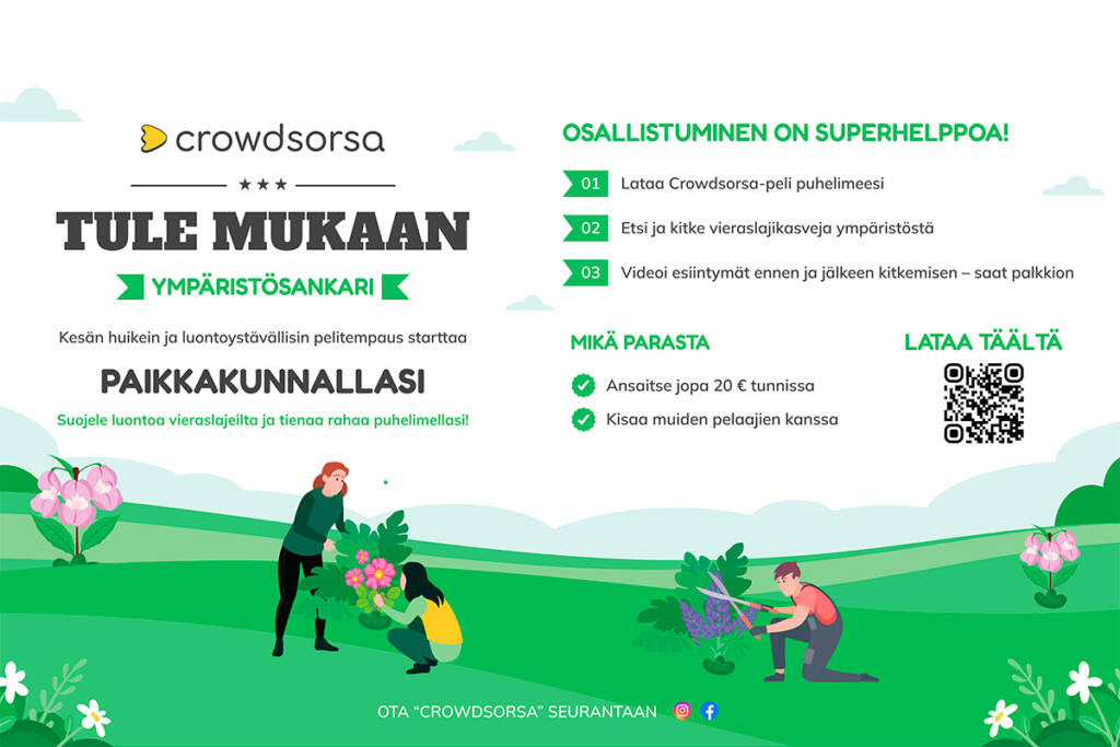 Piirroskuva henkilöistä kitkemässä vieraslajeja ja osallistumisohjeet Crowdsorsan vieraslajipeliin.