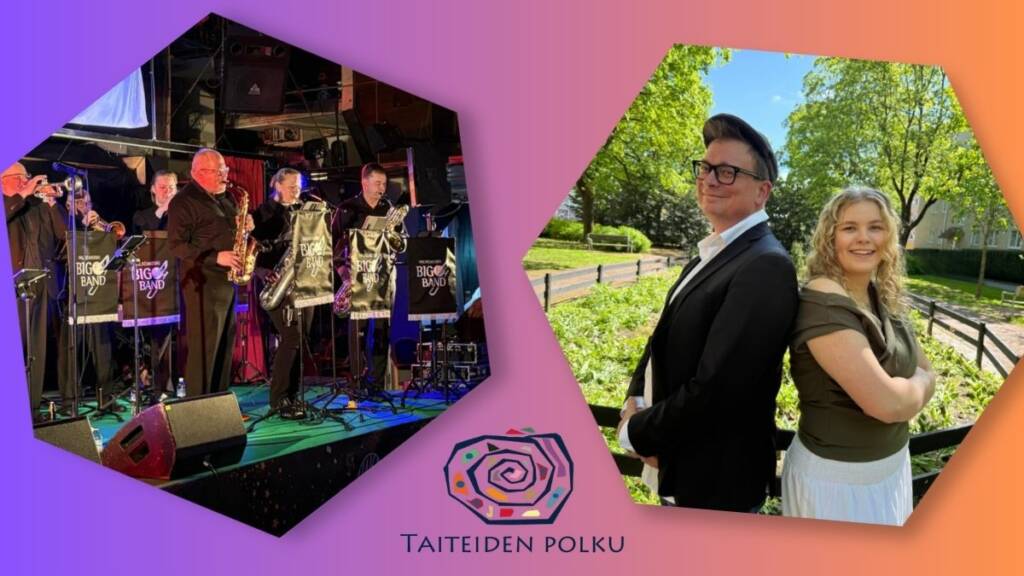 Puhallinorkesteri ja mies nojaa naisen selkään.